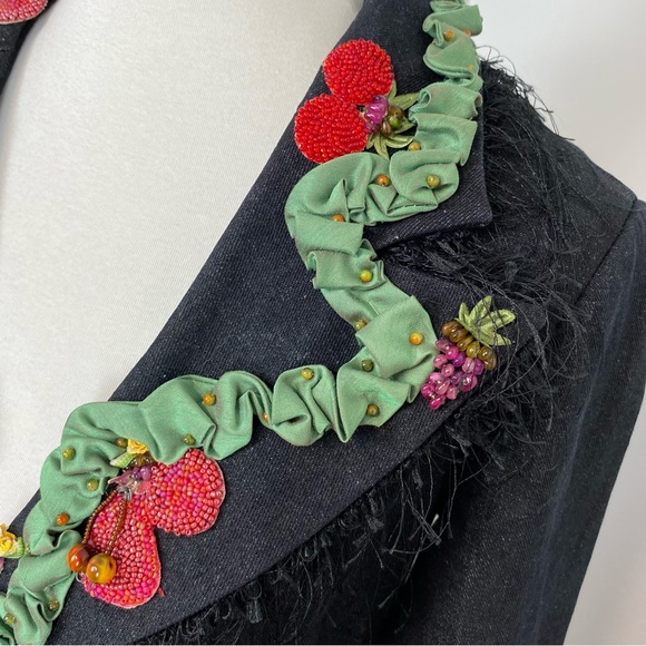 42. Mary Frances Beaded Ribbon Fringe Black Denim Jacket - Picture 4 of 15